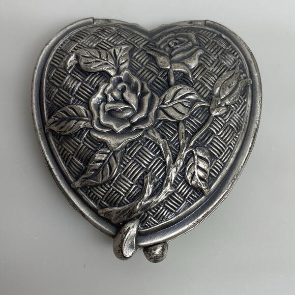Vintage Pewter Double Compact Mirror & Picture Three Roses w/Basket Weave Clasp - Picture 1 of 6